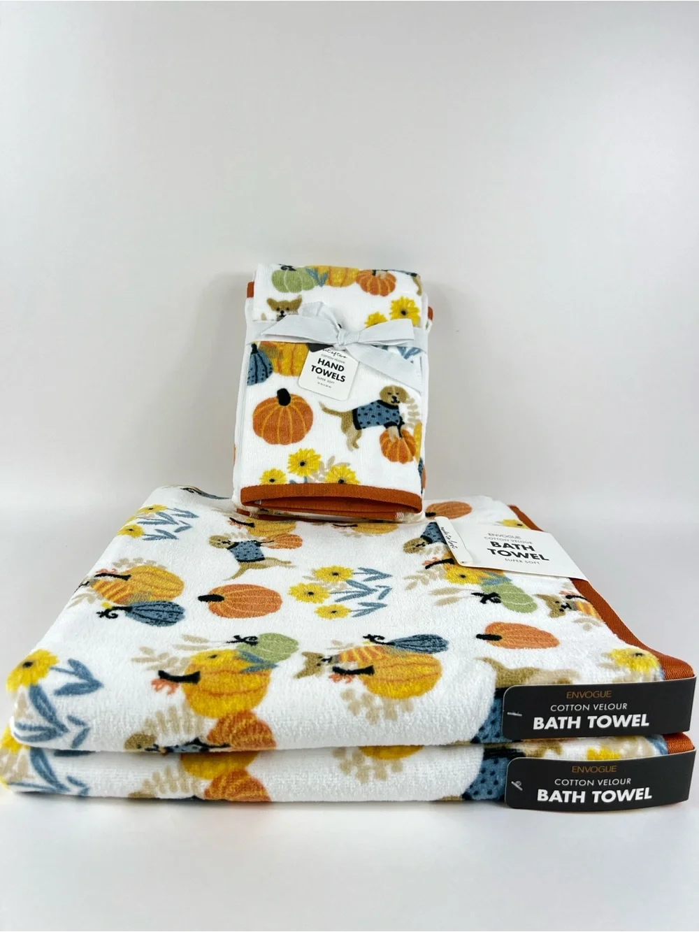 Envogue Bath Towel Set Pumpkin Puppies Fall Colors Soft Cotton Velour 4 Pc NEW